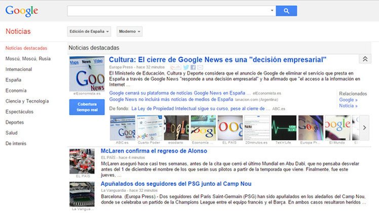 Google News cerrará en España por la tasa de la ley de propiedad intelectual