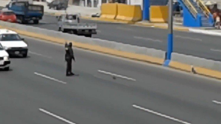 Policía peruano detiene el tráfico para rescatar a un perro atrapado en una mediana