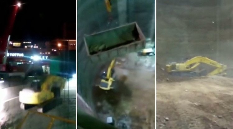Salvados de milagro: una excavadora cae por el profundo agujero de una obra en Chile