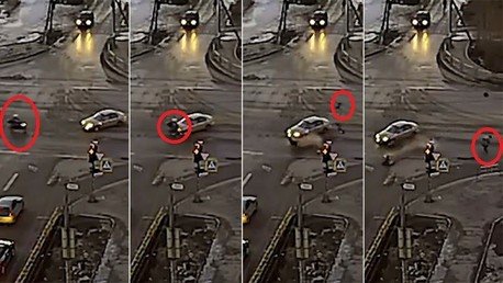 Brutal accidente en Rusia: un motorista sale volando por los cielos tras un fuerte choque 