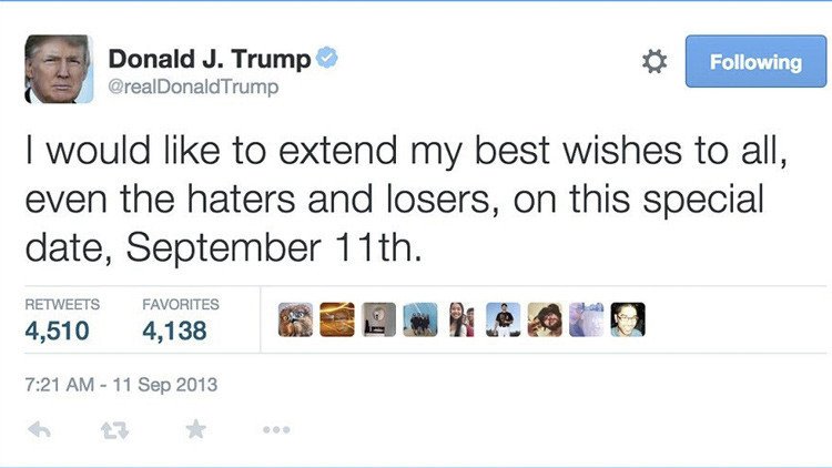 Trump elimina un controvertido tuit que publicó el 11 de septiembre de 2013 y reabre la polémica