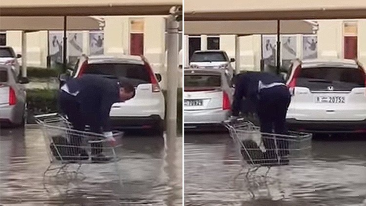 Un hombre inventa una forma muy original de desplazarse por las calles inundadas