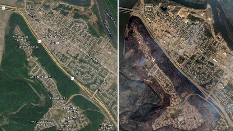 Desoladoras imágenes: El antes y después del devastador incendio que afecta a Canadá