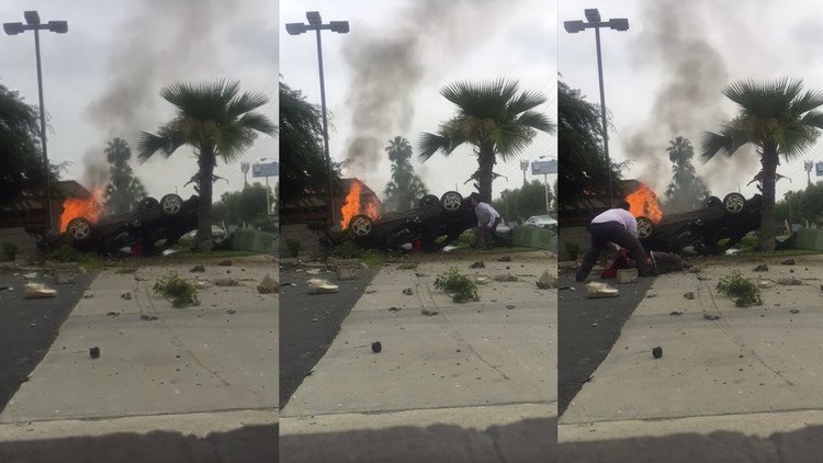 De película: En EE.UU. un hispano rescata a otro de un coche en llamas y filma su hazaña