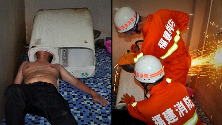 Mientras tanto en China... un hombre queda atrapado en una lavadora