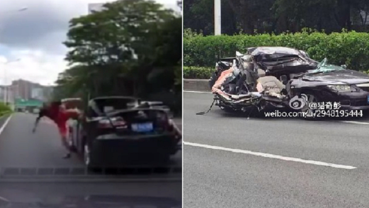 Por los pelos: Un conductor escapa de la muerte después de que un auto caiga encima de su vehículo