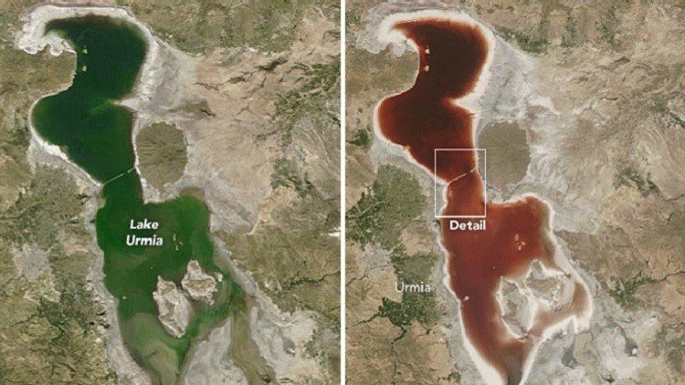 El agua verde de este lago iraní se ha vuelto rojo sangre