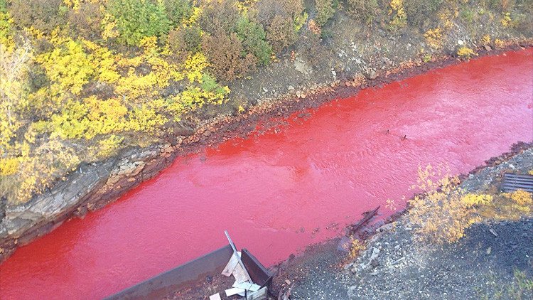 Foto: Las aguas de un río de Rusia se tiñen de rojo sangre