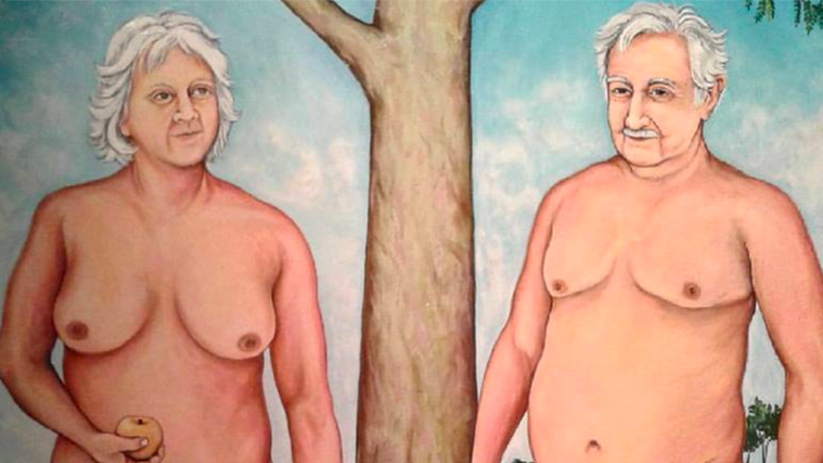 Polémica por un cuadro donde Mujica y Topolansky aparecen desnudos como Adán y Eva