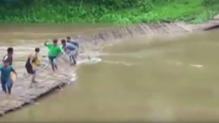 Niños indios cruzan un río y el puente se derriba bajo sus pies (VIDEO) 