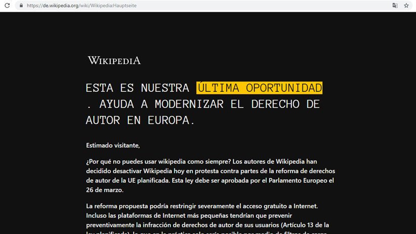 "Última oportunidad": Wikipedias europeas cierran durante 24 horas para protestar por la ley de 'copyright'