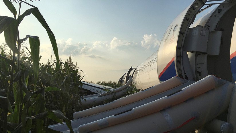 El aterrizaje de emergencia de un Airbus en un maizal cerca de Moscú, en imágenes