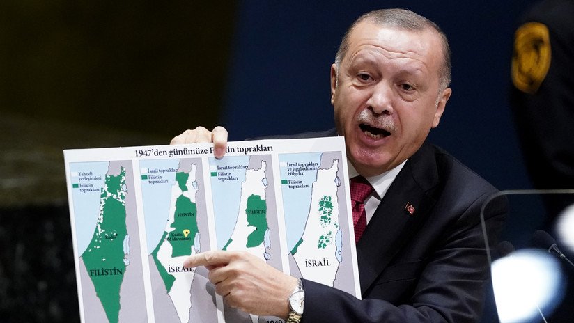 "¿Dónde empieza y termina el territorio israelí?": Erdogan exhibe a la ONU un mapa "sin presencia palestina" y denuncia la expansión de Israel (VIDEO)