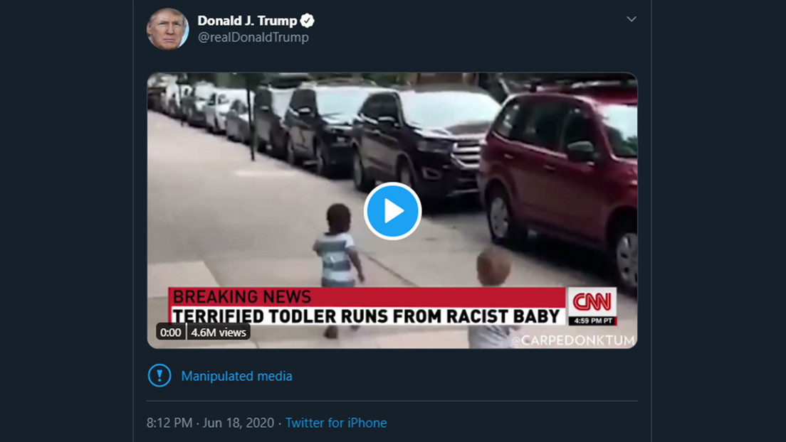 Twitter etiqueta como 'contenido multimedia alterado' un video compartido por Trump sobre "un bebé racista"
