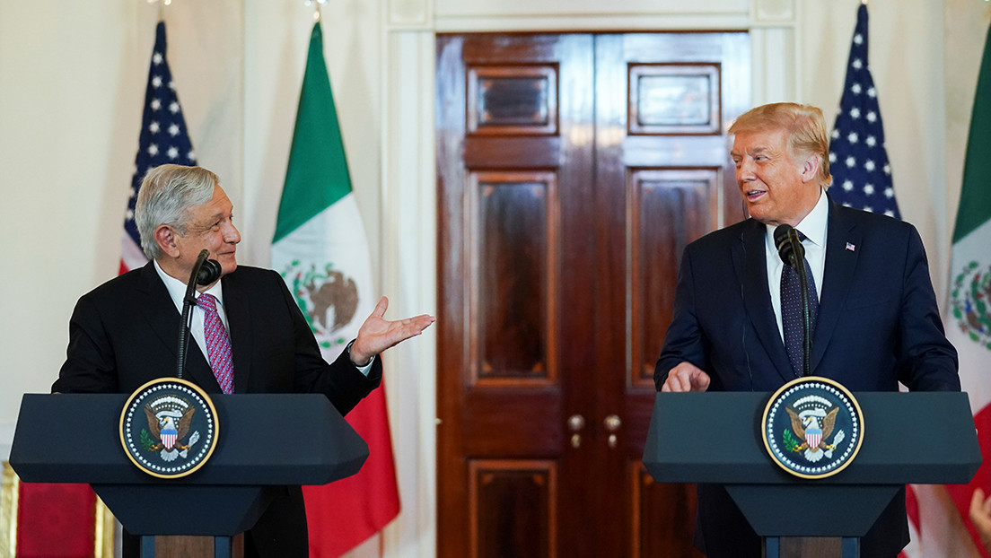 U.S. President Trump and Mexico’s President Lopez Obrador make joint statements before dinner at the White House in Washington