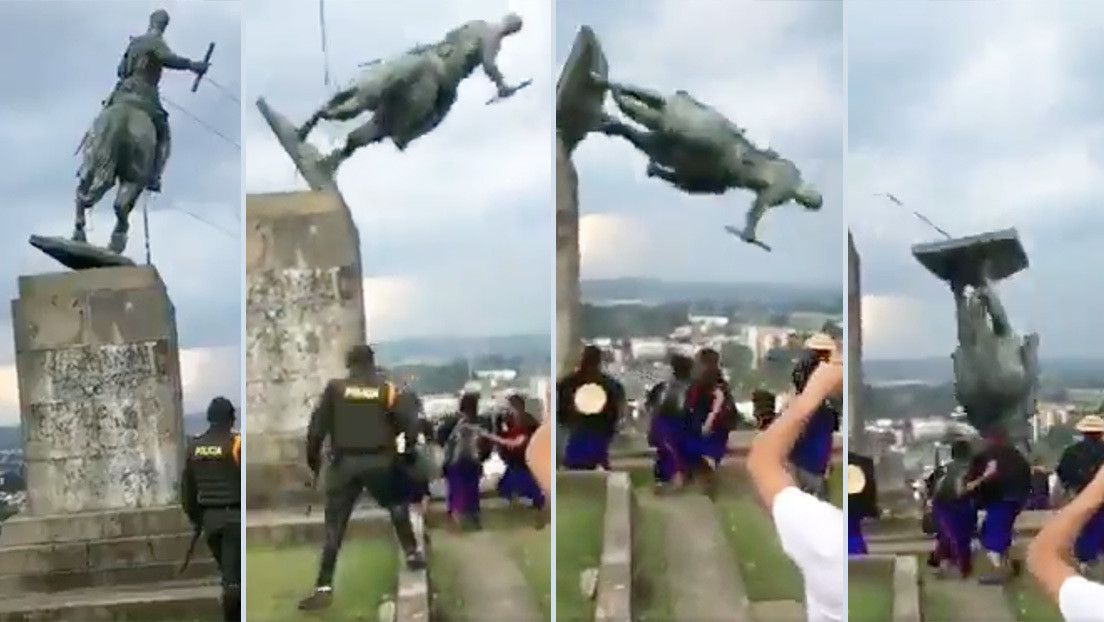 "500 años de esclavitud": Indígenas Misak derriban la estatua del conquistador español Sebastián de Belalcázar en Colombia (VIDEO)