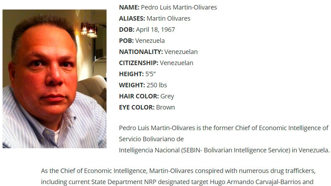 EE.UU. ofrece 10 millones de dólares por información que conduzca al arresto del exjefe de inteligencia de Venezuela Pedro Luis Martín Olivares
