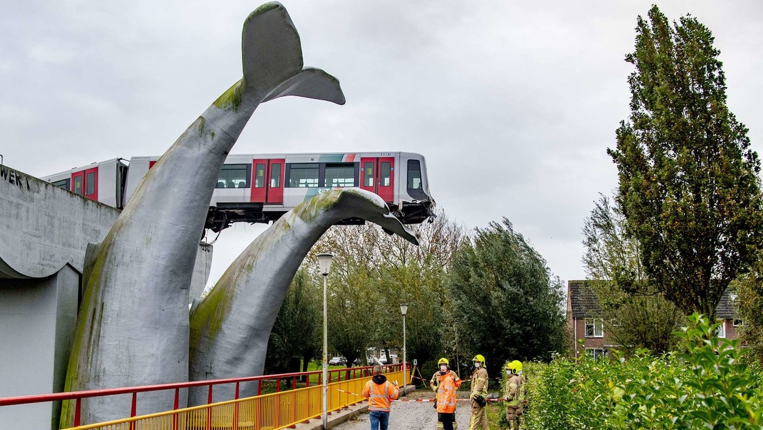 Un tren se estrella contra una valla que marca el fin de la vía y 'aterriza' sobre una escultura gigante de una ballena (VIDEO, FOTOS)