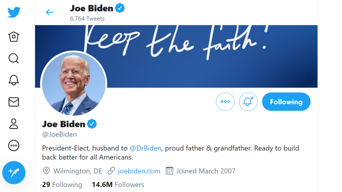 Joe Biden cambia la descripción en su perfil de Twitter a "presidente electo"