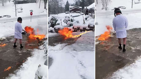Recurre al lanzallamas para despejar de nieve la entrada de su casa (VIDEOS)