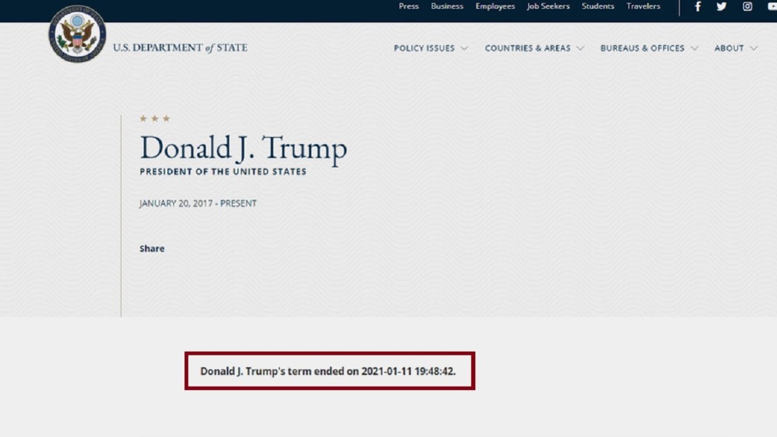 Alteran los perfiles de Trump y Pence en la web del Departamento de Estado de EE.UU. para decir que sus mandatos terminaron este lunes