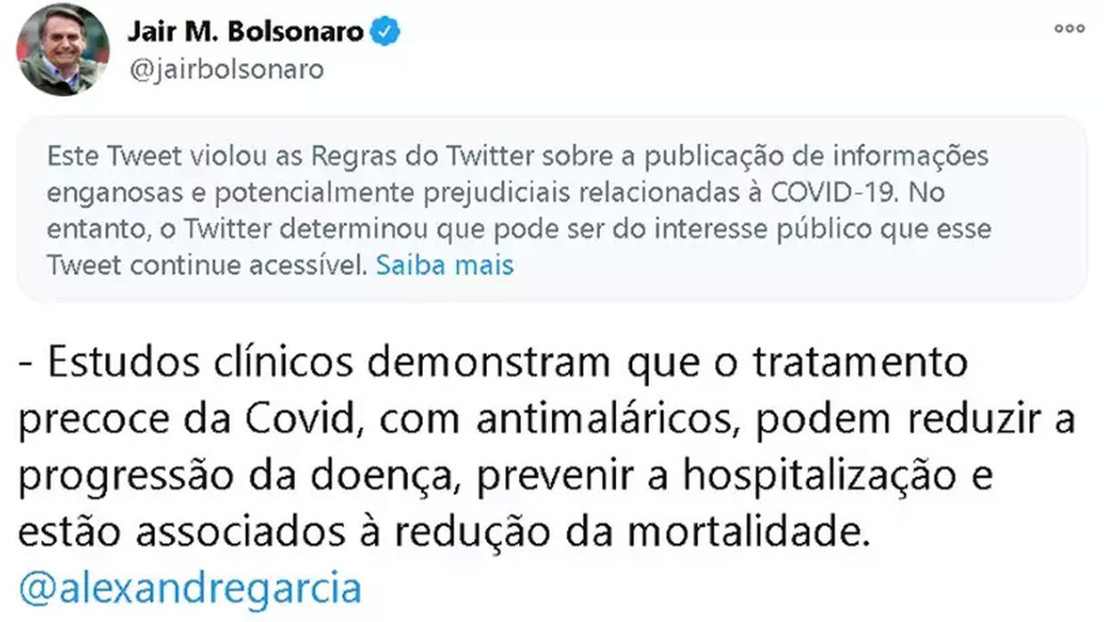 Twitter marca una publicación de Bolsonaro como "información engañosa y potencialmente dañina  sobre covid-19"