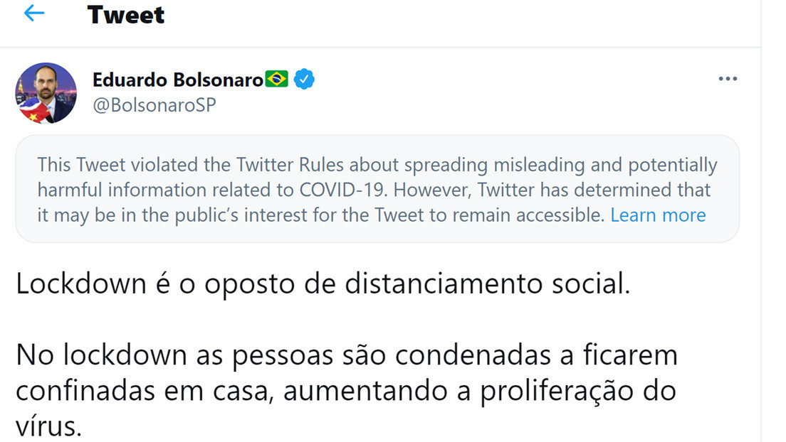 Twitter tilda de "información engañosa" un tuit del hijo de Bolsonaro sobre la pandemia