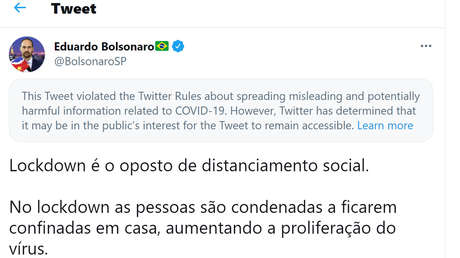 Twitter tilda de "información engañosa" un tuit del hijo de Bolsonaro sobre la pandemia