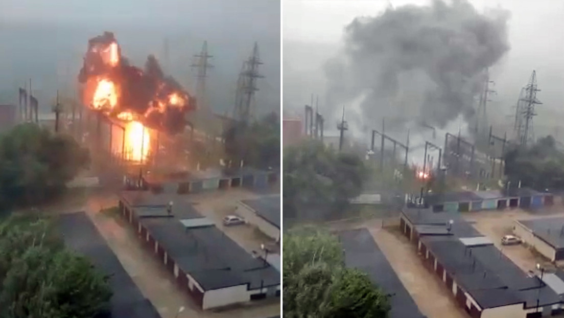 Un rayo cae sobre una subestación transformadora y la incendia durante la fuerte tormenta que azotó la ciudad y la región de Moscú (VIDEO)