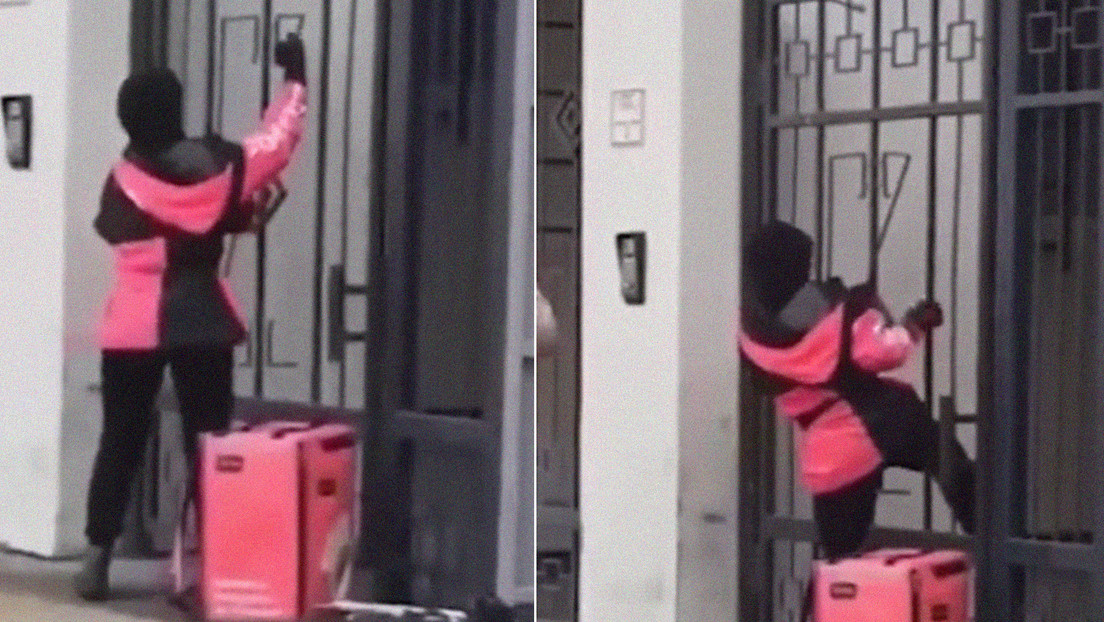 VIDEO: Repartidora de comida se topa con una puerta cerrada y se las ingenia para entregar como sea el pedido