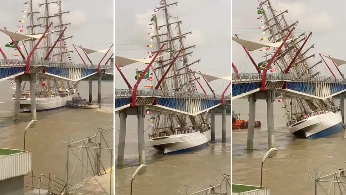 VIDEOS: Momento en el que un buque escuela de Brasil colisiona con un puente peatonal en un puerto de Ecuador
