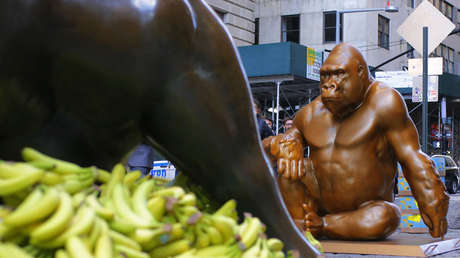 Erigen una estatua del gorila Harambe frente al toro de Wall Street para reflejar la desigualdad social del capitalismo en EE.UU.