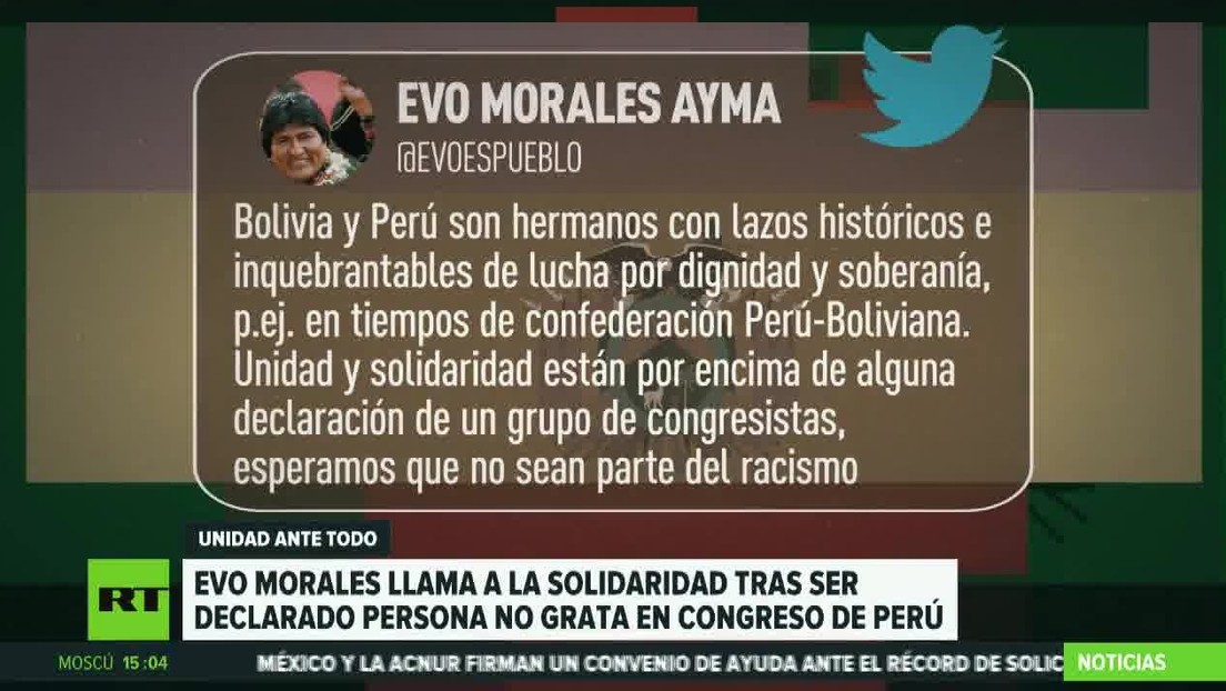 Evo Morales llama a la solidaridad tras ser declarado 'persona non grata' por el Congreso de Perú