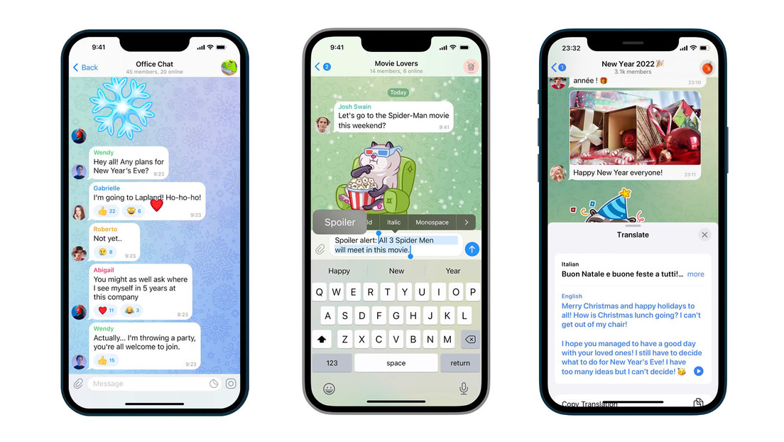 Telegram lanza su actualización navideña que permite reaccionar a los mensajes con emojis animados y ocultar texto para evitar 'spoilers'