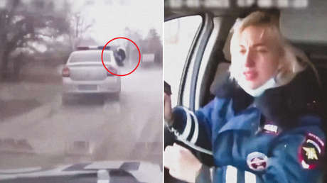 Una policía rusa saca medio cuerpo del auto patrulla en movimiento y dispara a los neumáticos del fugitivo durante una persecución (VIDEO)
