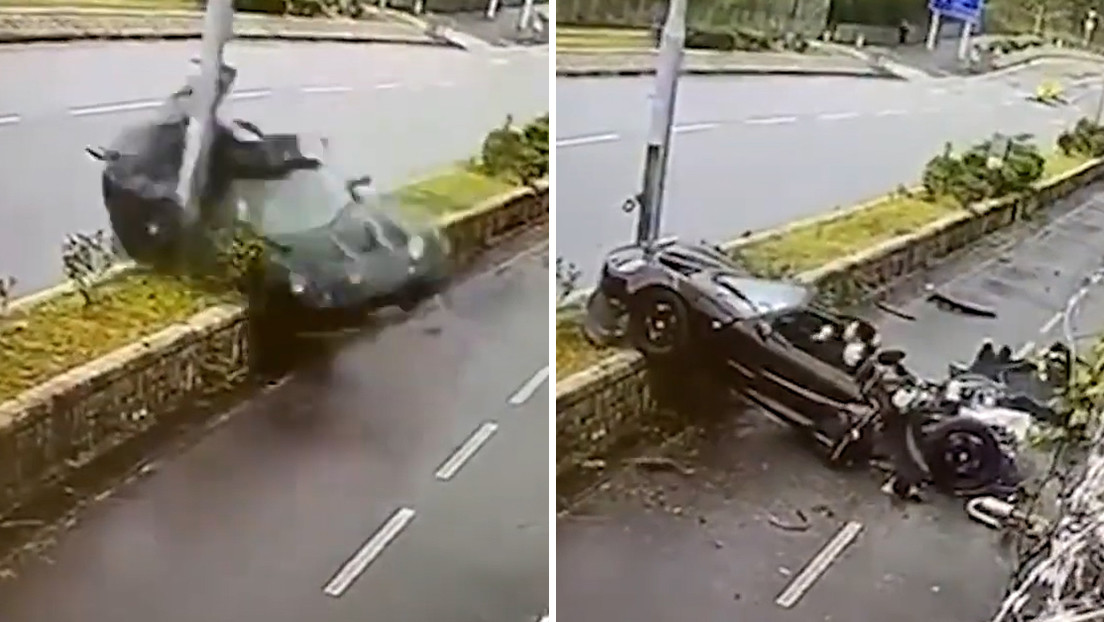 Un coche deportivo queda totalmente destruido al salir volando por los aires y chocar contra un poste, sin embargo sus ocupantes sobreviven (VIDEO)