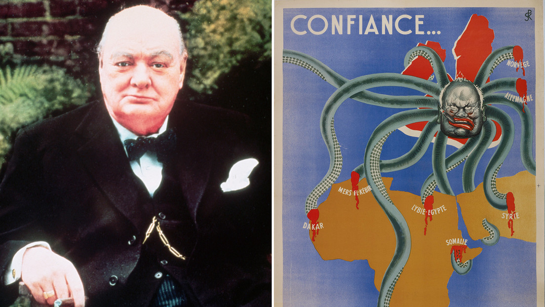 Sale a subasta un cartel de propaganda francesa que representa a Churchill como un pulpo con tentáculos ensangrentados