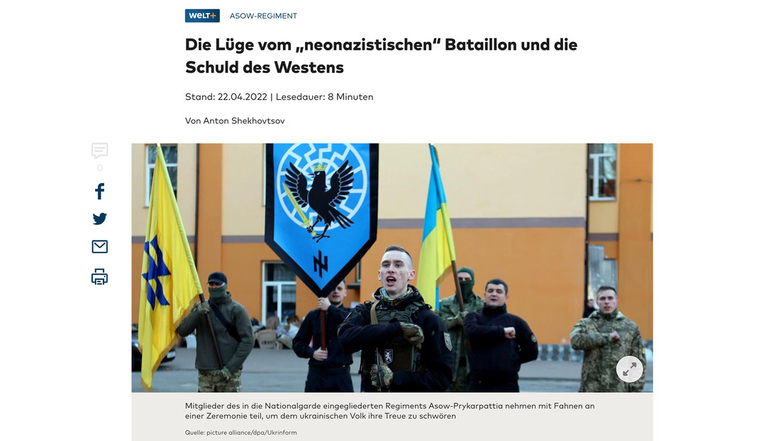 Die Welt ilustra un artículo que niega los lazos entre el batallón Azov y el neonazismo con una imagen llena de símbolos nazis