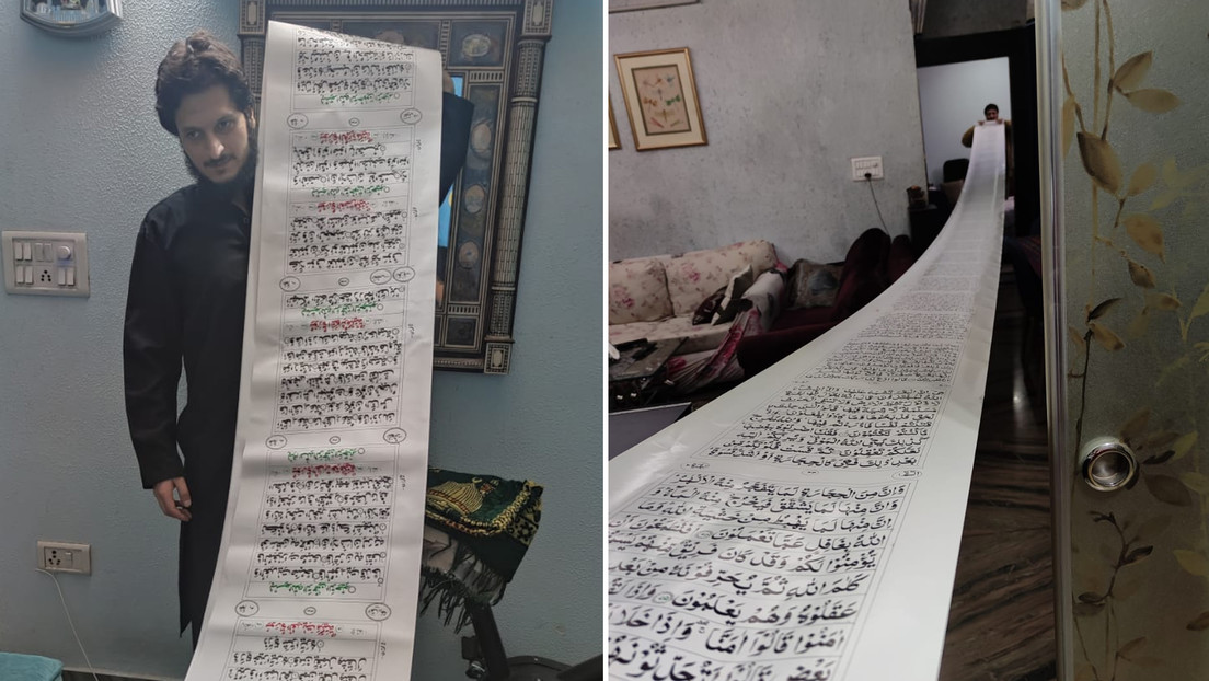 VIDEO: Un joven calígrafo escribe todo el Corán a mano en un solo pergamino de 500 metros y bate un récord mundial