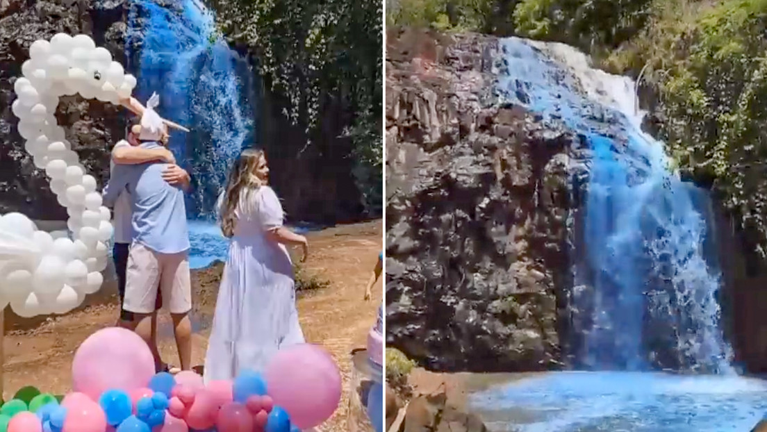 Una pareja causa indignación en Brasil tras pintar de azul una cascada para revelar el sexo de su bebé (VIDEO)