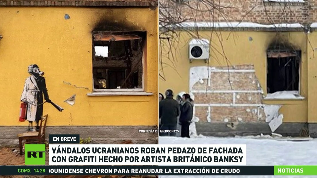 Vándalos ucranianos roban pedazo de fachada con grafiti hecho por artista británico Banksy
