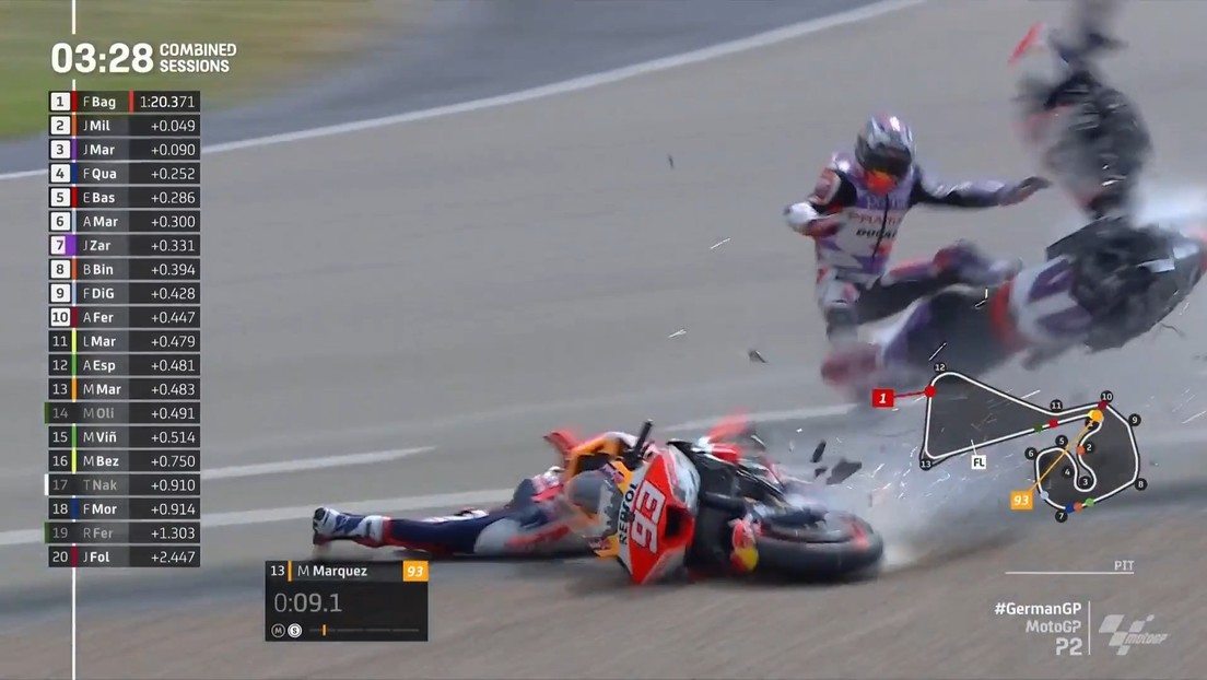 El piloto de MotoGP Marc Márquez parte por la mitad la moto de Johann Zarco en un aparatoso accidente (VIDEO)