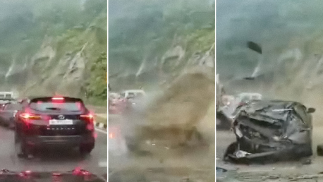 VIDEO: El momento en que un desprendimiento de rocas aplasta coches con pasajeros en la India