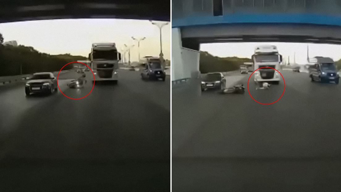 VIDEO: Un hombre se cae de su moto a toda velocidad y casi lo atropella un camión