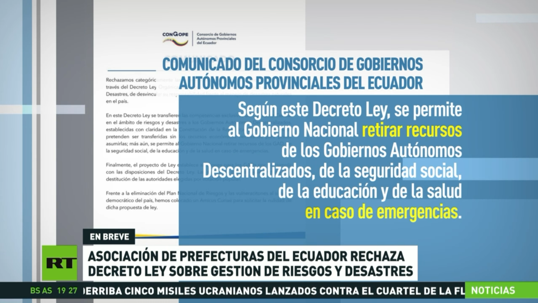 Asociación de prefecturas de Ecuador rechaza proyecto de la ley sobre gestión de riesgos y desastres