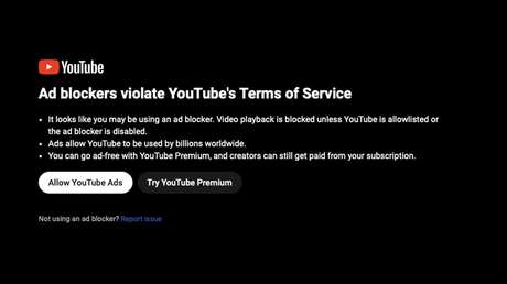 YouTube comienza a prohibir ver videos con los bloqueadores de publicidad activados