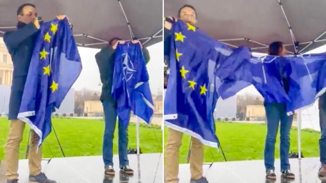VIDEO: Rasgan banderas de la UE y la OTAN en una manifestación contra Macron y el apoyo a Ucrania