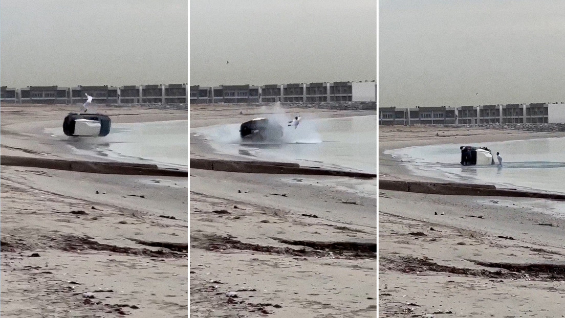 Hombre vuela por los aires tras volcar su coche en una playa (VIDEO)