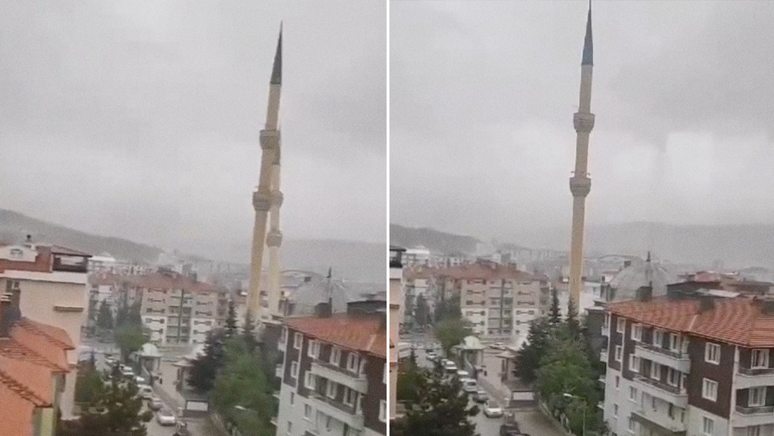 VIDEO: Momento en el que un fuerte viento destruye un minarete de una mezquita turca