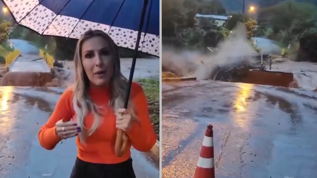 VIDEO: Un puente es arrastrado por fuertes inundaciones en Brasil en pleno directo de una alcaldesa
